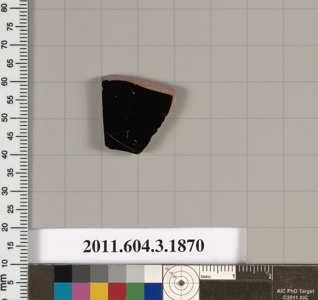 Terracotta fragment of a kylix: Band or lip cup (drinking cup), Terracotta, Greek, Attic