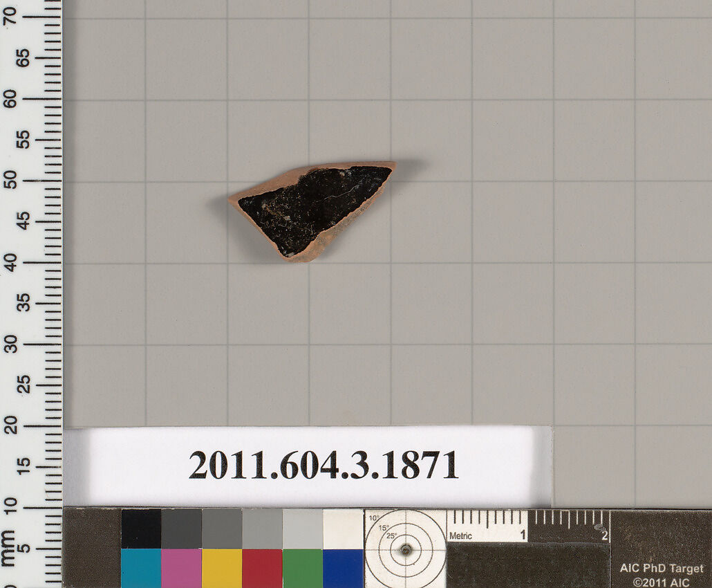 Terracotta fragment of a kylix: Band or lip cup (drinking cup), Terracotta, Greek, Attic
