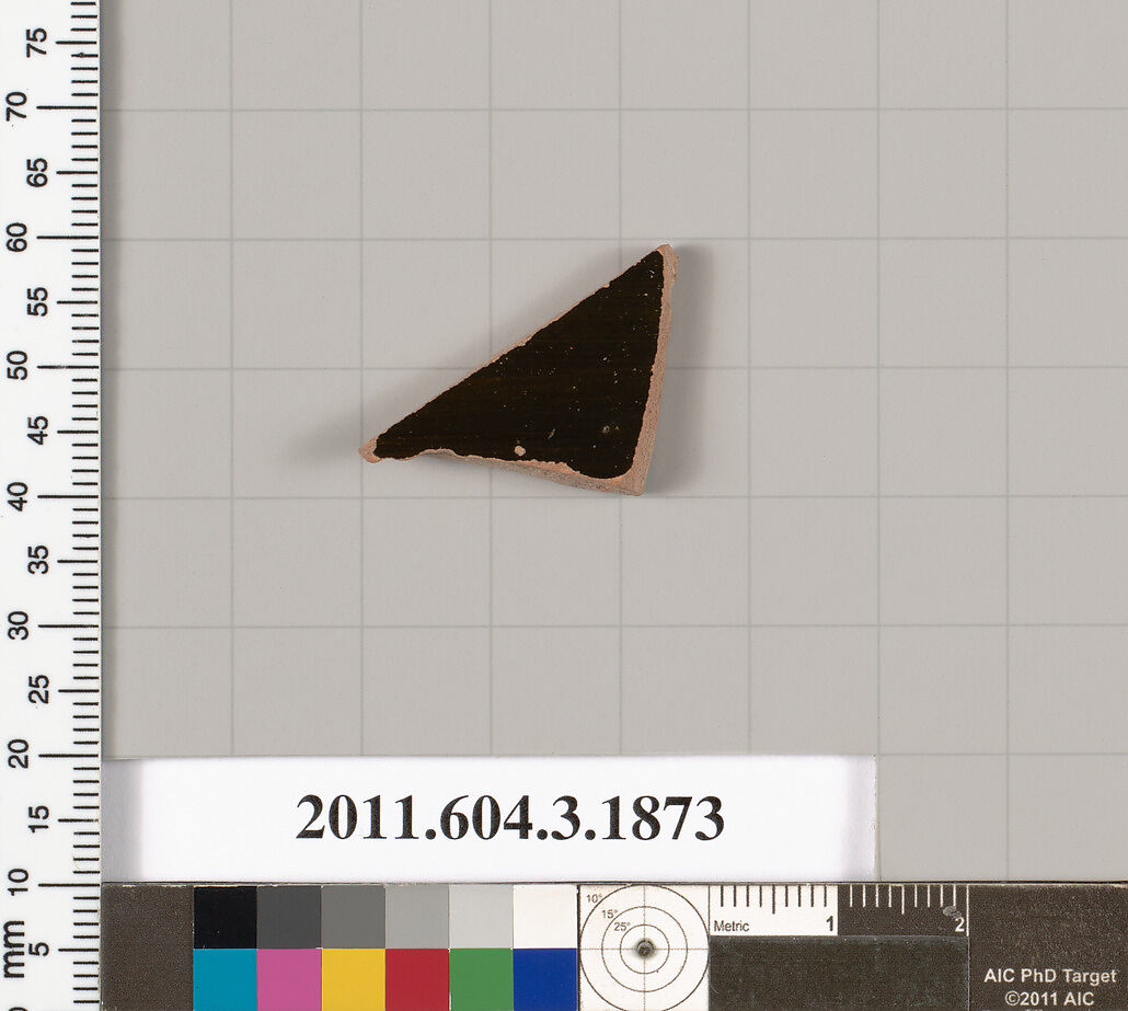 Terracotta fragment of a kylix: Band or lip cup (drinking cup), Terracotta, Greek, Attic