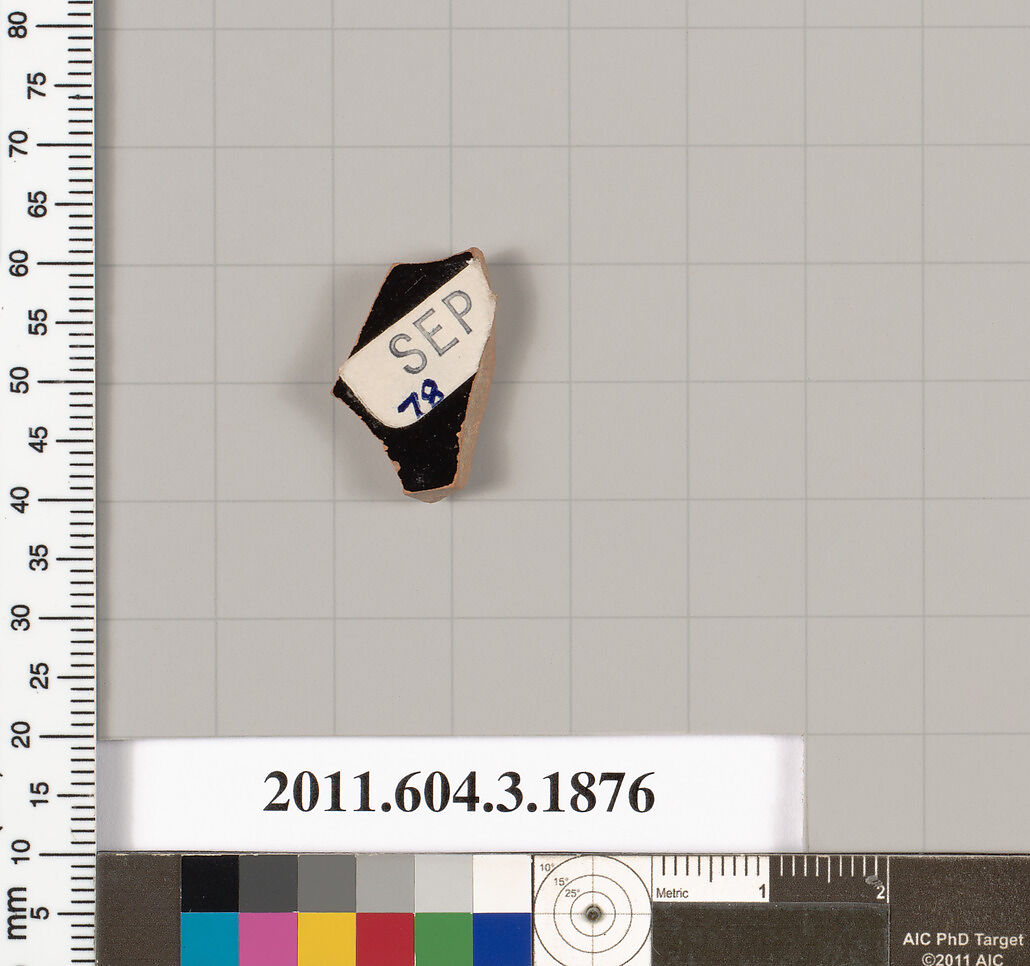 Terracotta fragment of a kylix: Band or lip cup (drinking cup), Terracotta, Greek, Attic