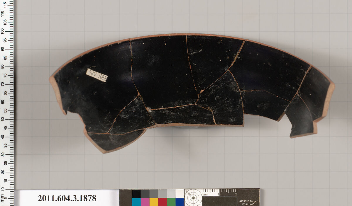 Terracotta fragment of a kylix: Band cup (drinking cup), Terracotta, Greek, Attic