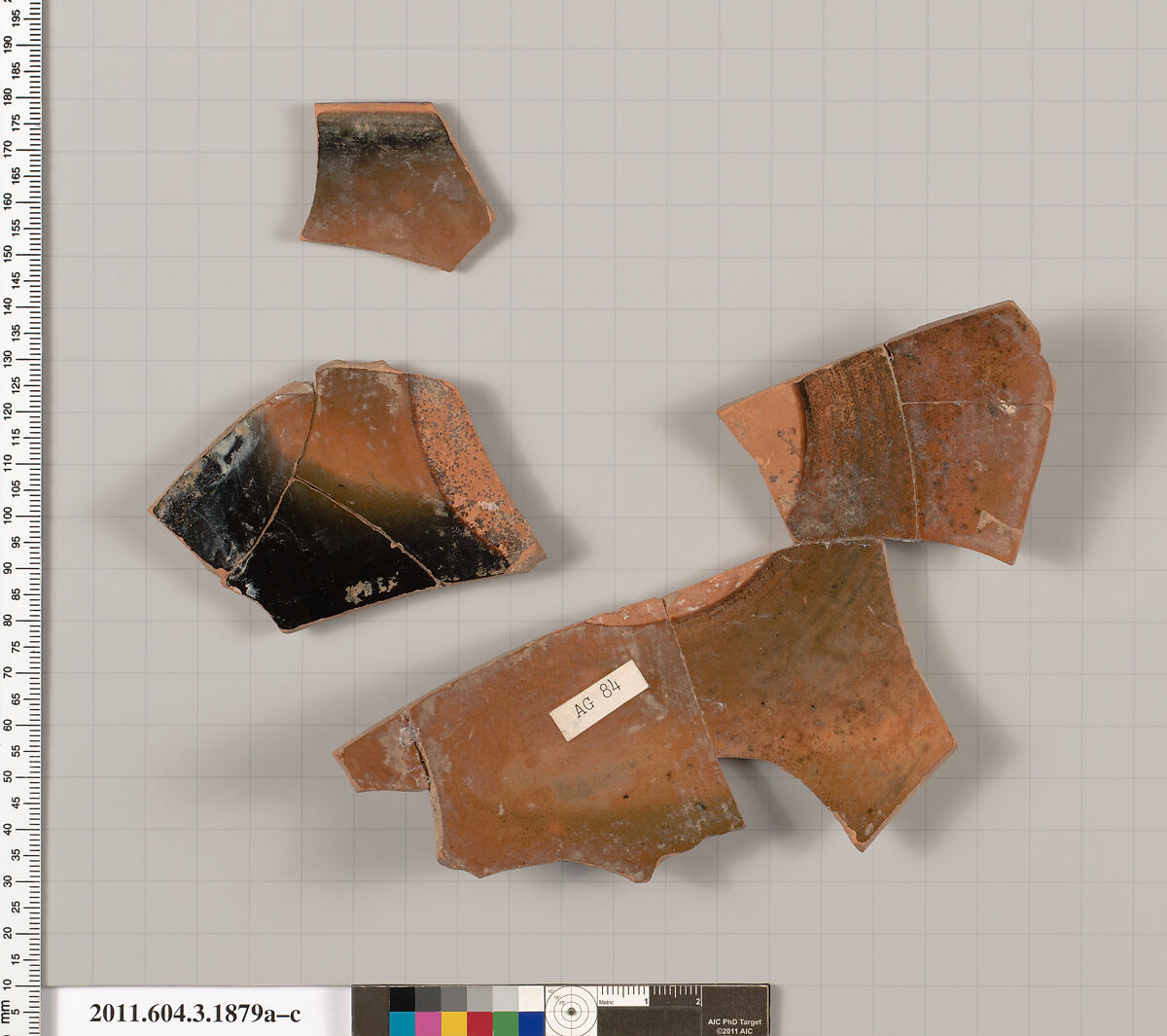 Terracotta fragments of a kylix: Band or lip cup (drinking cup), Terracotta, Greek, Attic