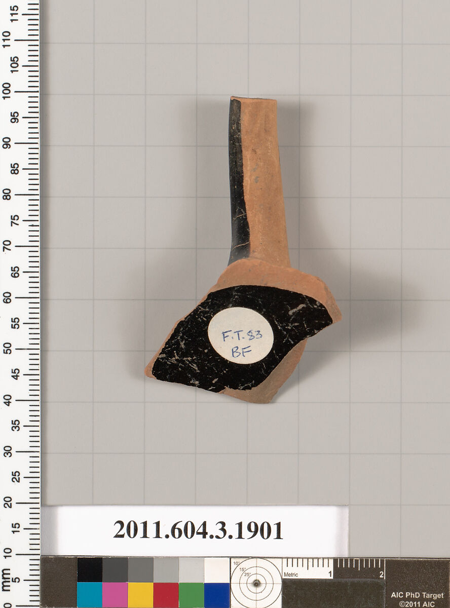 Terracotta fragment of a kylix (drinking cup), Terracotta, Greek, Attic