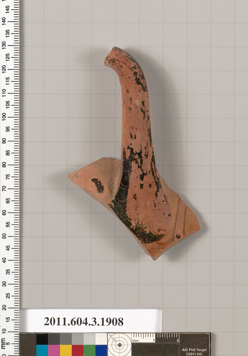 Terracotta fragment of a kylix (drinking cup), Terracotta, Greek, Attic 