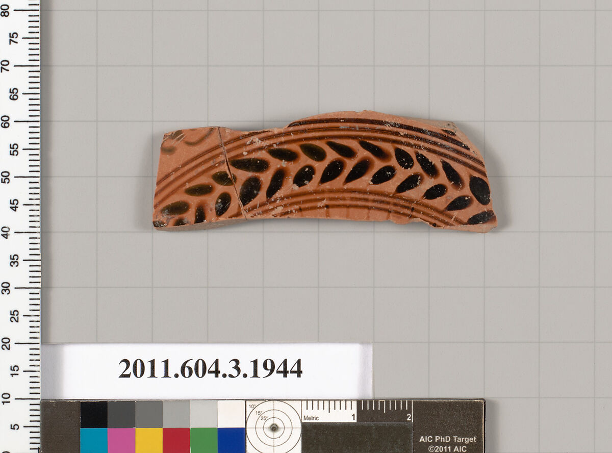 Terracotta fragment of a kylix: Cassel cup (drinking cup), Terracotta, Greek, Attic 