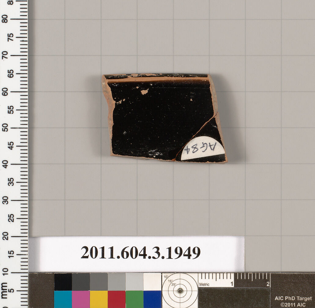 Terracotta fragment of a kylix: Droop cup (drinking cup), Terracotta, Greek, Attic