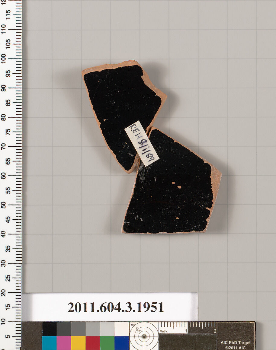 Terracotta fragment of a kylix: Droop cup (drinking cup), Terracotta, Greek, Attic