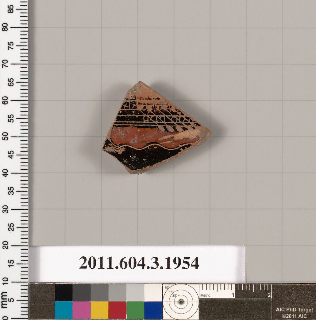 Terracotta fragment of a kylix (drinking cup), Terracotta, Greek, Attic