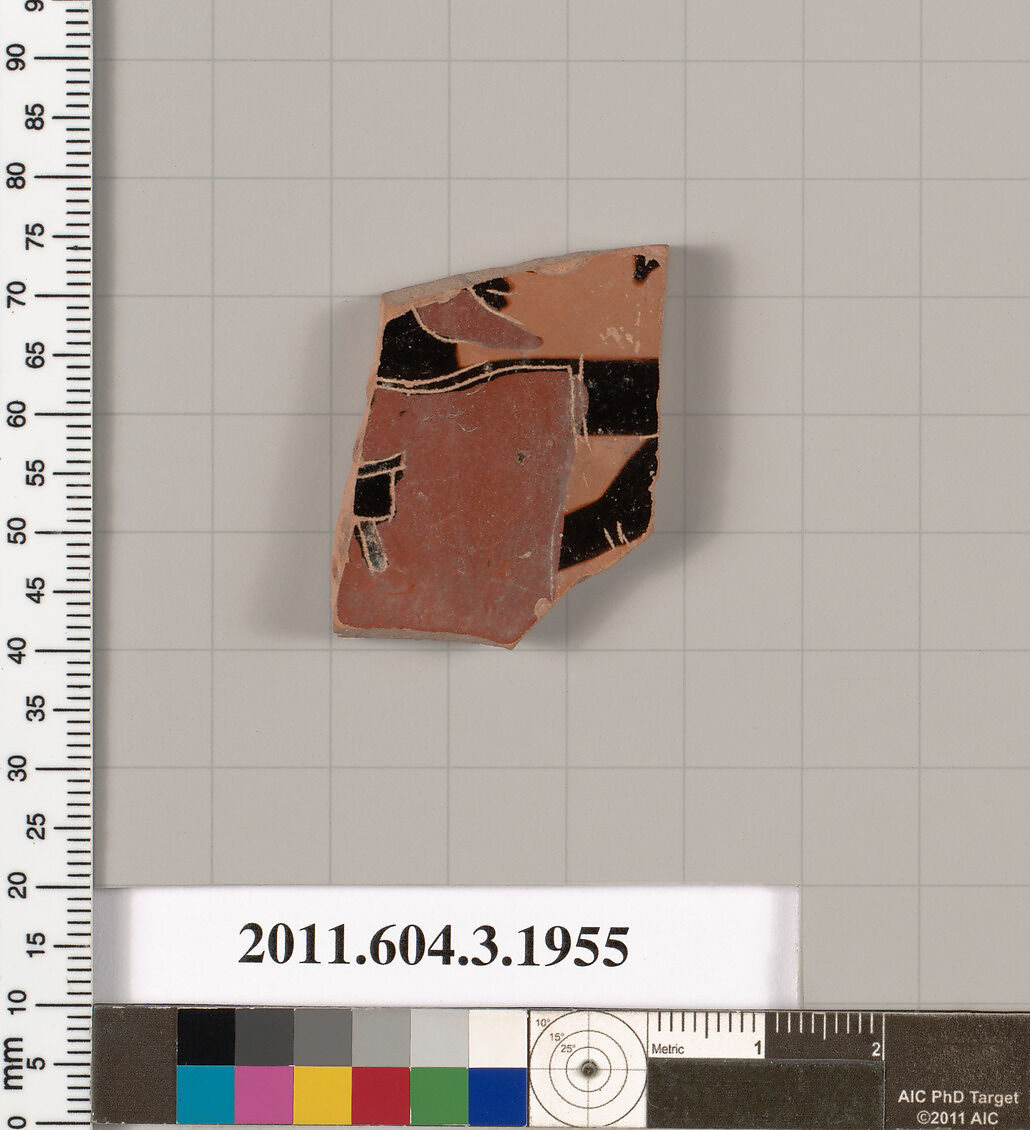 Terracotta fragment of a kylix (drinking cup), Terracotta, Greek, Attic 
