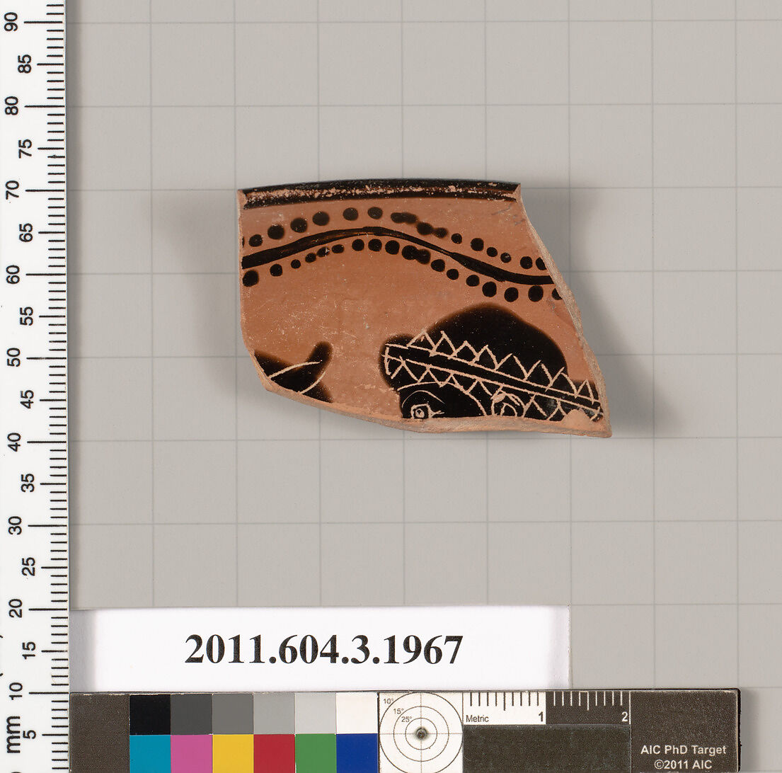 Terracotta fragment of a kylix (drinking cup), Terracotta, Greek, Attic 