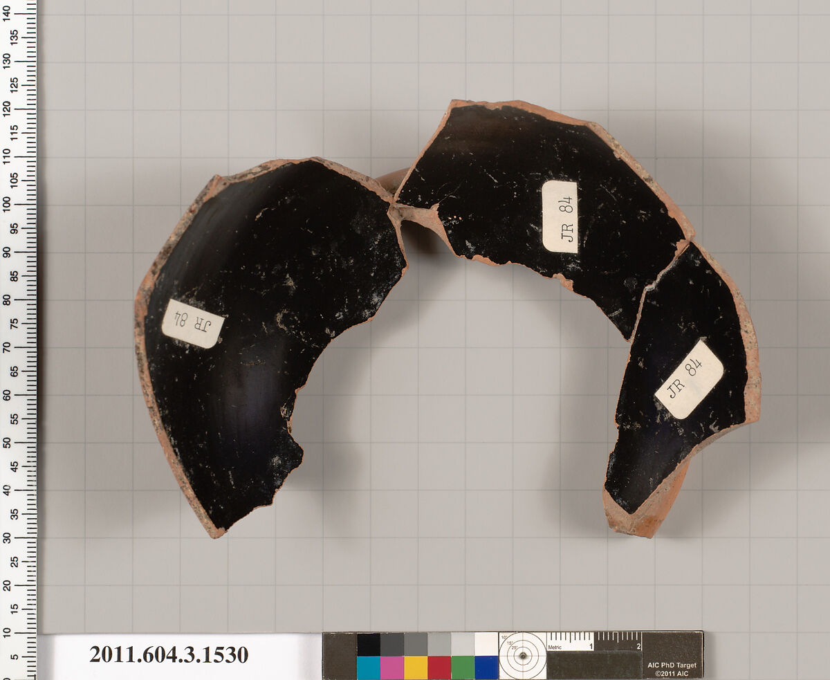 Terracotta fragment of a skyphos (deep drinking cup), Terracotta, Greek, Attic