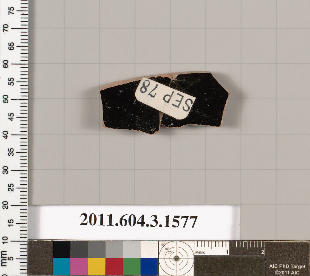Terracotta fragment of a kylix: Band cup (drinking cup), Terracotta, Greek, Attic