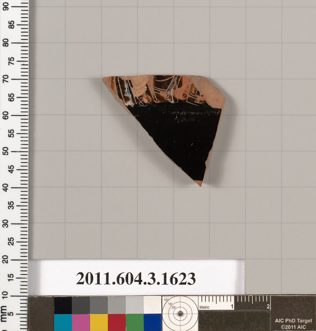 Terracotta fragment of a kylix: Band cup (drinking cup), Terracotta, Greek, Attic 
