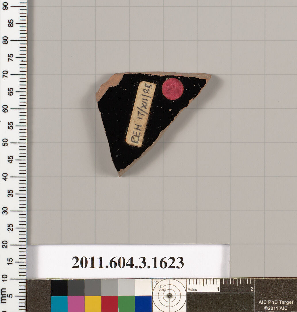 Terracotta fragment of a kylix: Band cup (drinking cup), Terracotta, Greek, Attic
