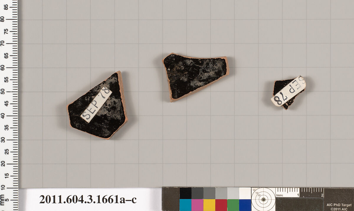 Terracotta fragments of kylikes: Band or lip cups (drinking cups), Terracotta, Greek, Attic