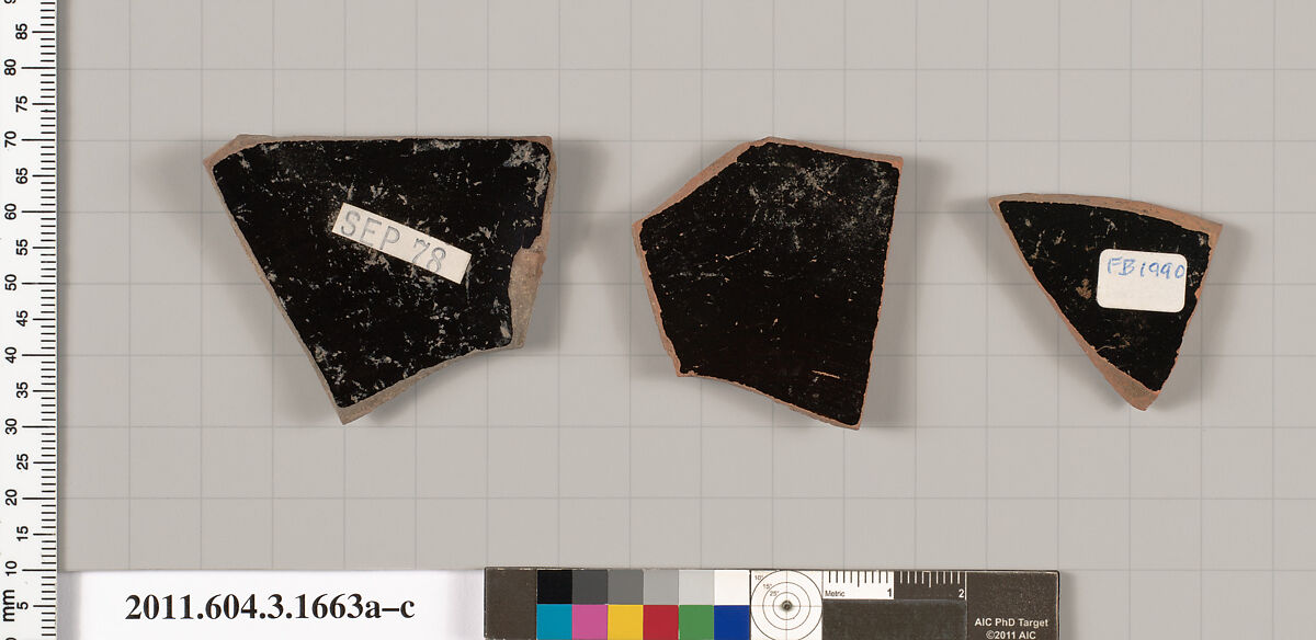 Terracotta fragments of kylikes: Band or lip cups (drinking cups), Terracotta, Greek, Attic