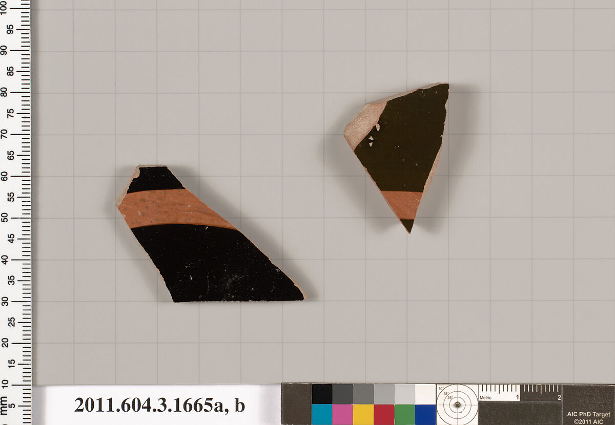 Terracotta fragments of kylikes: Band or lip cups (drinking cups), Terracotta, Greek, Attic 