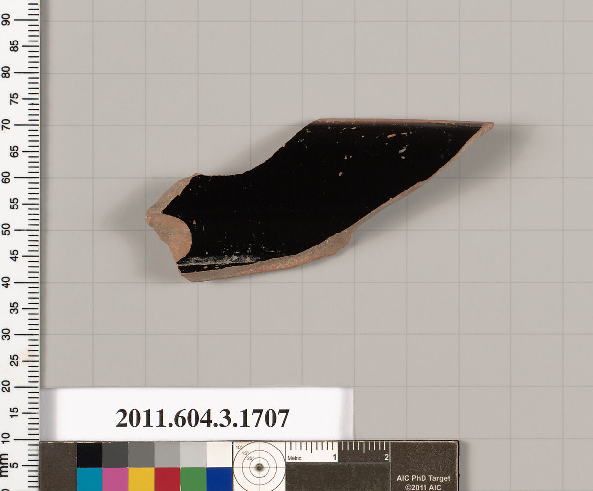 Terracotta rim fragment of a kylix: Band cup (drinking cup), Terracotta, Greek, Attic