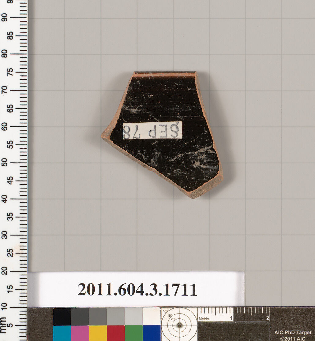 Terracotta rim fragment of a kylix: Band cup (drinking cup), Terracotta, Greek, Attic