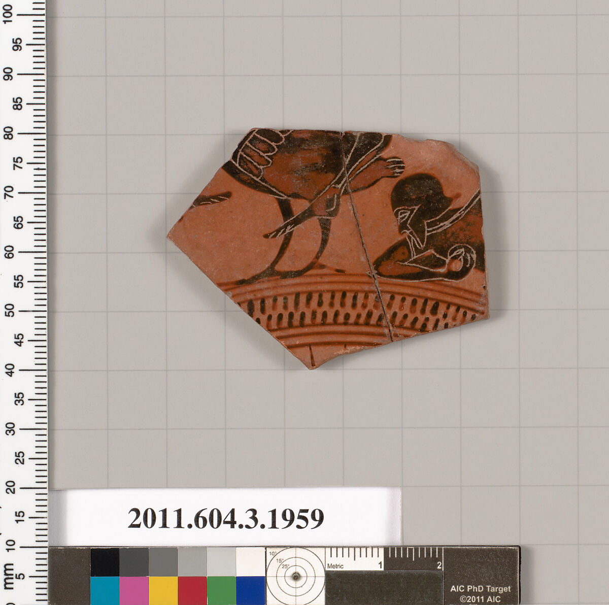 Terracotta fragment of a kylix (drinking cup), Terracotta, Greek, Attic