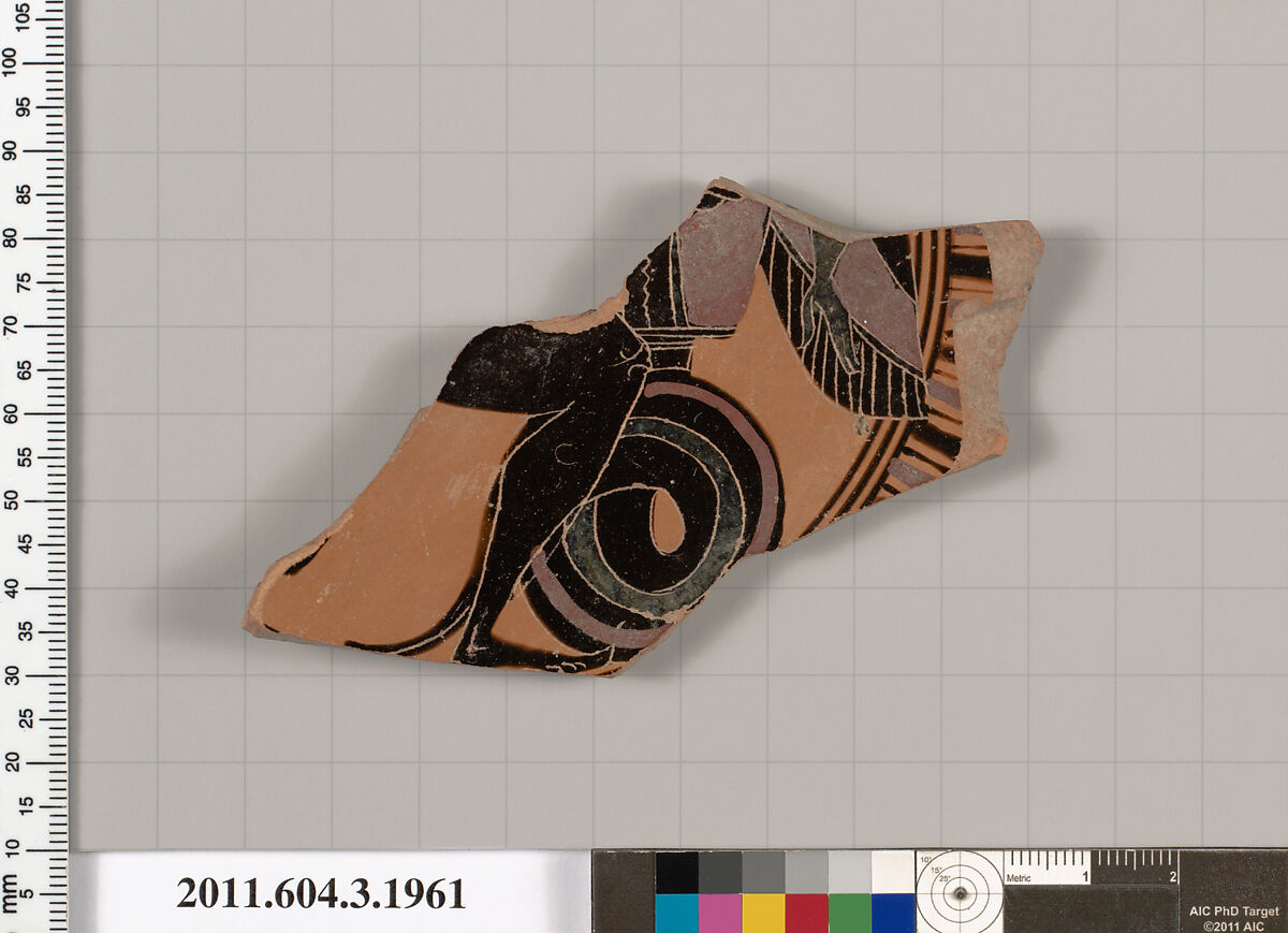 Terracotta fragment of a kylix (drinking cup), Terracotta, Greek, Attic