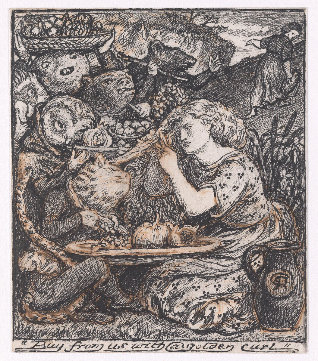 Buy from us with a golden curl, for "The Goblin Market", Dante Gabriel Rossetti (British, London 1828–1882 Birchington-on-Sea), Pen and black and dark brown ink 