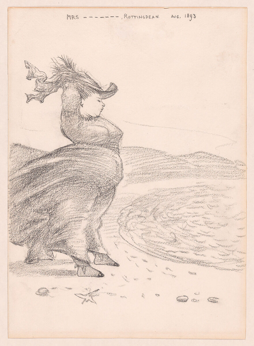 Caricature of a windblown woman on the beach at Rottingdean, Sussex, Sir Edward Burne-Jones (British, Birmingham 1833–1898 Fulham), Black chalk 