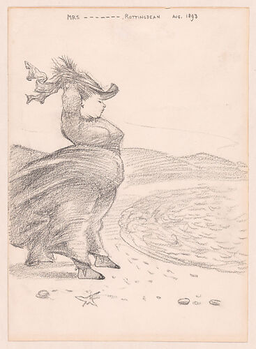 Caricature of a windblown woman on the beach at Rottingdean, Sussex