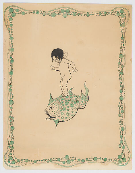 Water Baby Rides a Fish, for Charles Kingsley's "The Water-Babies", Jessie Wilcox Smith (American, Philadelphia, Pennsylvania 1863–1935 Philadelphia, Pennsylvania), Pen and ink and watercolor 