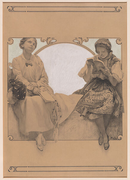 Two Girls Reading, Alphonse Mucha (Czech, Ivančice 1860–1939 Prague), Graphite, ink, and gouache 