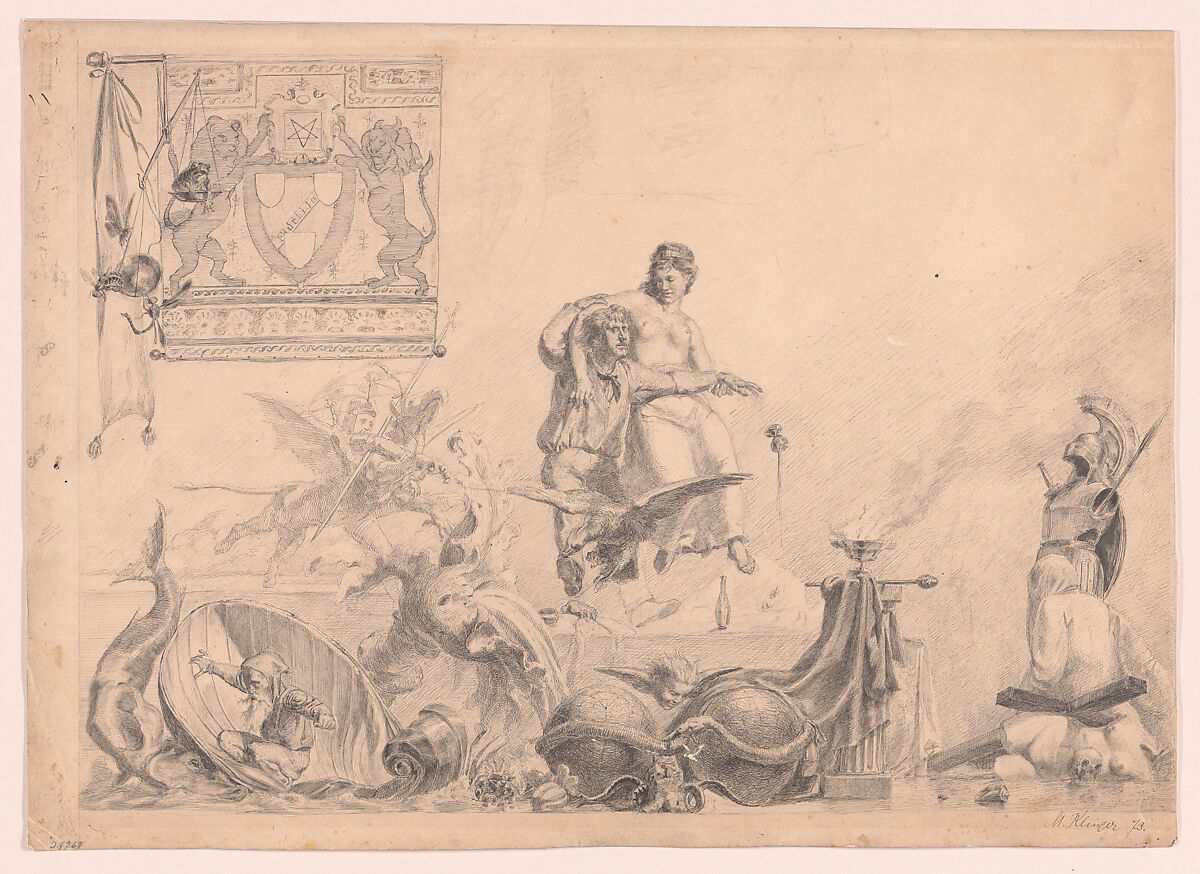 Phantasie und Künstler (Imagination and the Artist) (recto); Studie zu Phantasie und Künstler (Study for Imagination and the Artists) (verso), Max Klinger (German, Leipzig 1857–1920 Großjena), Pen and black ink, black chalk and pencil (recto); pencil and pen and black ink (verso) 