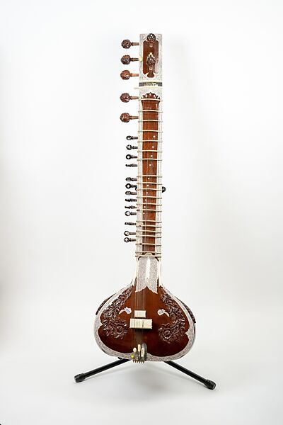 Sitar, Rikhi Ram Music Instrument Manufacturing (Indian, est. 1920), Toon and/or teak wood, gourd, metal, plastic 