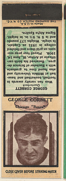 George Corbett, Chicago Bears, from the Football Players Match Cover design series (U7) issued by Diamond Match Company, The Diamond Match Company (American, founded 1881), Printed matchbook 