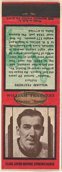 William Feathers, Chicago Bears, from the Football Players Match Cover design series (U7) issued by Diamond Match Company, The Diamond Match Company (American, founded 1881), Printed matchbook 