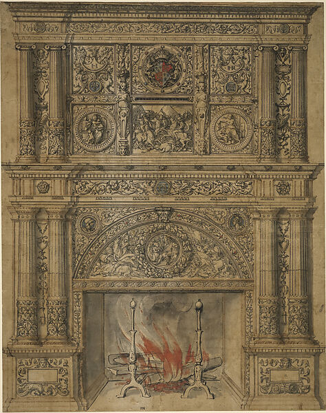 Design for a Chimneypiece, Hans Holbein the Younger  German, Pen and black ink, with grey, blue and red wash on paper