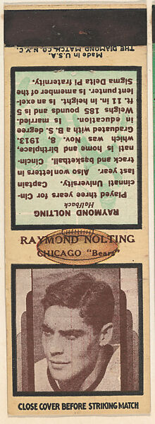 Raymond Nolting, Chicago Bears, from the Football Players Match Cover design series (U7) issued by Diamond Match Company, The Diamond Match Company (American, founded 1881), Printed matchbook 