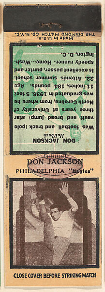 Don Jackson, Philadelphia Eagles, from the Football Players Match Cover design series (U7) issued by Diamond Match Company, The Diamond Match Company, Printed matchbook 