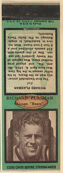 Richard Plasman, Chicago Bears, from the Football Players Match Cover design series (U7) issued by Diamond Match Company, The Diamond Match Company (American, founded 1881), Printed matchbook 
