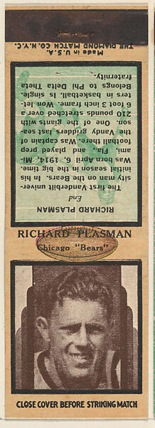 Richard Plasman, Chicago Bears, from the Football Players Match Cover design series (U7) issued by Diamond Match Company, The Diamond Match Company, Printed matchbook 