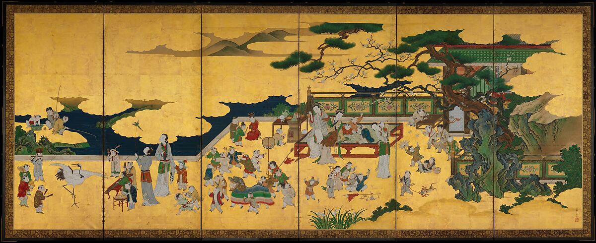 One Hundred Boys, Kano Einō (Japanese, 1631–1697), Pair of six-panel folding screens; ink, color, and gold on paper, Japan 