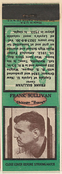 Frank Sullivan, Chicago Bears, from the Football Players Match Cover design series (U7) issued by Diamond Match Company, The Diamond Match Company, Printed matchbook 