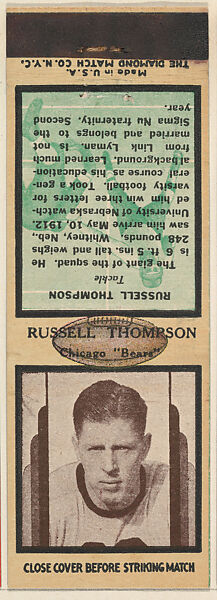 Russell Thompson, Chicago Bears, from the Football Players Match Cover design series (U7) issued by Diamond Match Company, The Diamond Match Company, Printed matchbook 