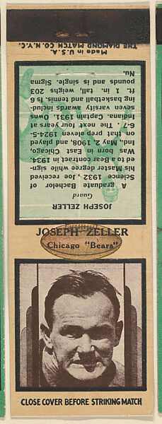 The Diamond Match Company  Joseph Zeller, Chicago Bears, from the