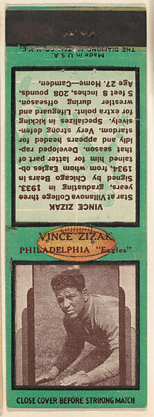 Vince Zizak, Philadelphia Eagles, from the Football Players Match Cover design series (U7) issued by Diamond Match Company, The Diamond Match Company, Printed matchbook 