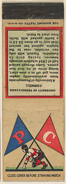 University of Pennsylvania - Cornell from Traditional College Rivals (Football) Match Cover design series (U8) issued by Diamond Match Company, The Diamond Match Company (American, founded 1881), Printed matchbook 