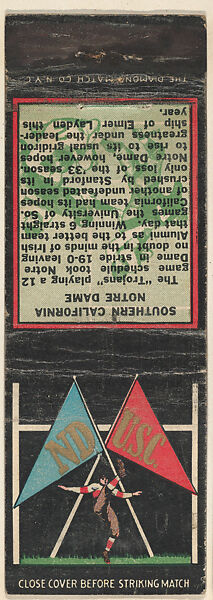 Southern California - Notre Dame from Traditional College Rivals (Football) Match Cover design series (U8) issued by Diamond Match Company, The Diamond Match Company (American, founded 1881), Printed matchbook 