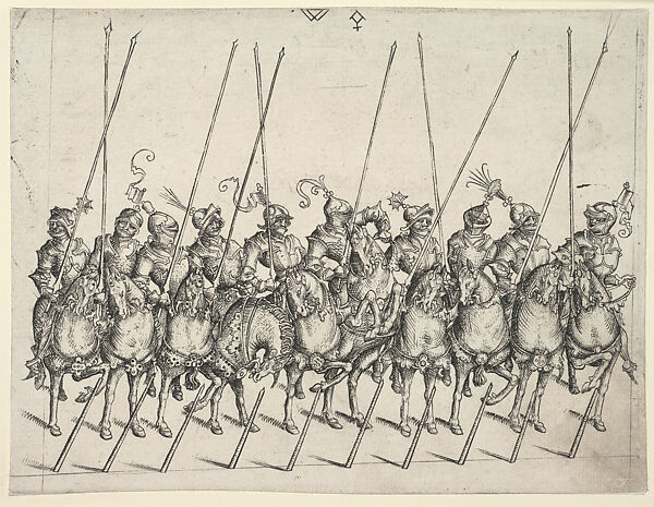 Ten Knights on Horseback, from War and Camp Scenes from the Burgundian Wars, Master W with Key (Netherlandish, active ca. 1465–90), Engraving, Netherlandish 