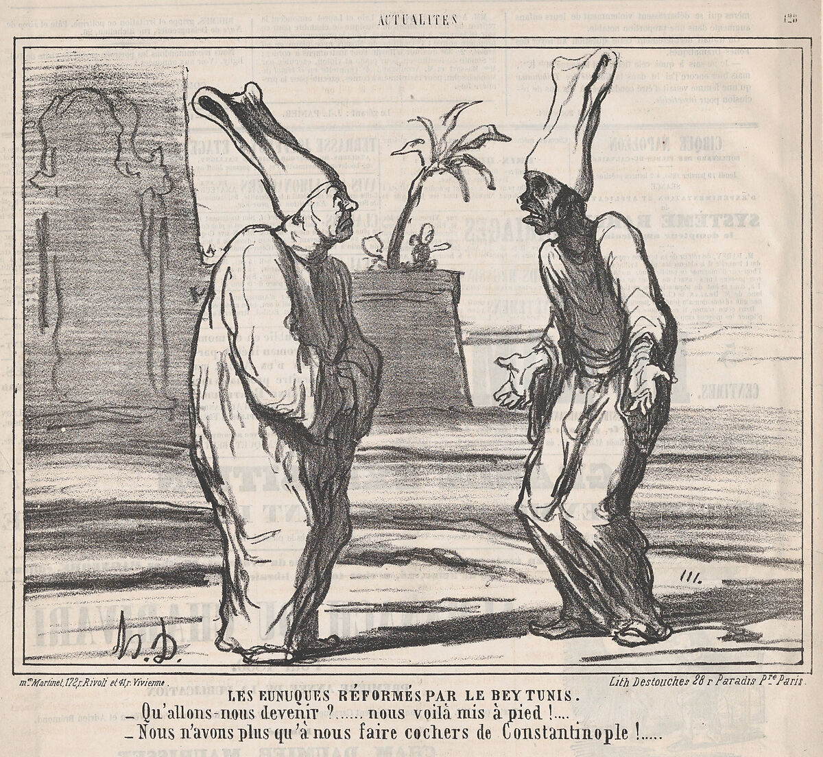Eunuchs Reformed by the Bey of Tunis, from 'News of the Day,' published in Le Charivari, January 18, 1860, Honoré Daumier (French, Marseilles 1808–1879 Valmondois), Lithograph on newsprint; second state of three (Delteil) 