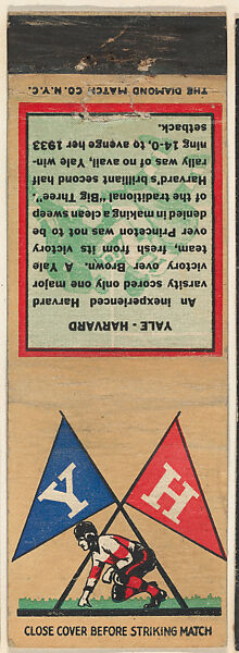 Yale - Harvard from Traditional College Rivals (Football) Match Cover design series (U8) issued by Diamond Match Company, The Diamond Match Company (American, founded 1881), Printed matchbook 