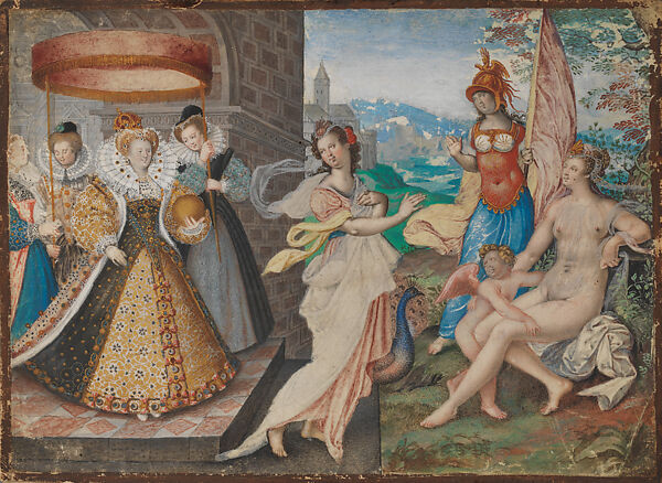 Elizabeth I (Elizabeth I and the Three Goddesses), Isaac Oliver  British, Watercolor and bodycolor, with gold and silver, on vellum, laid on card